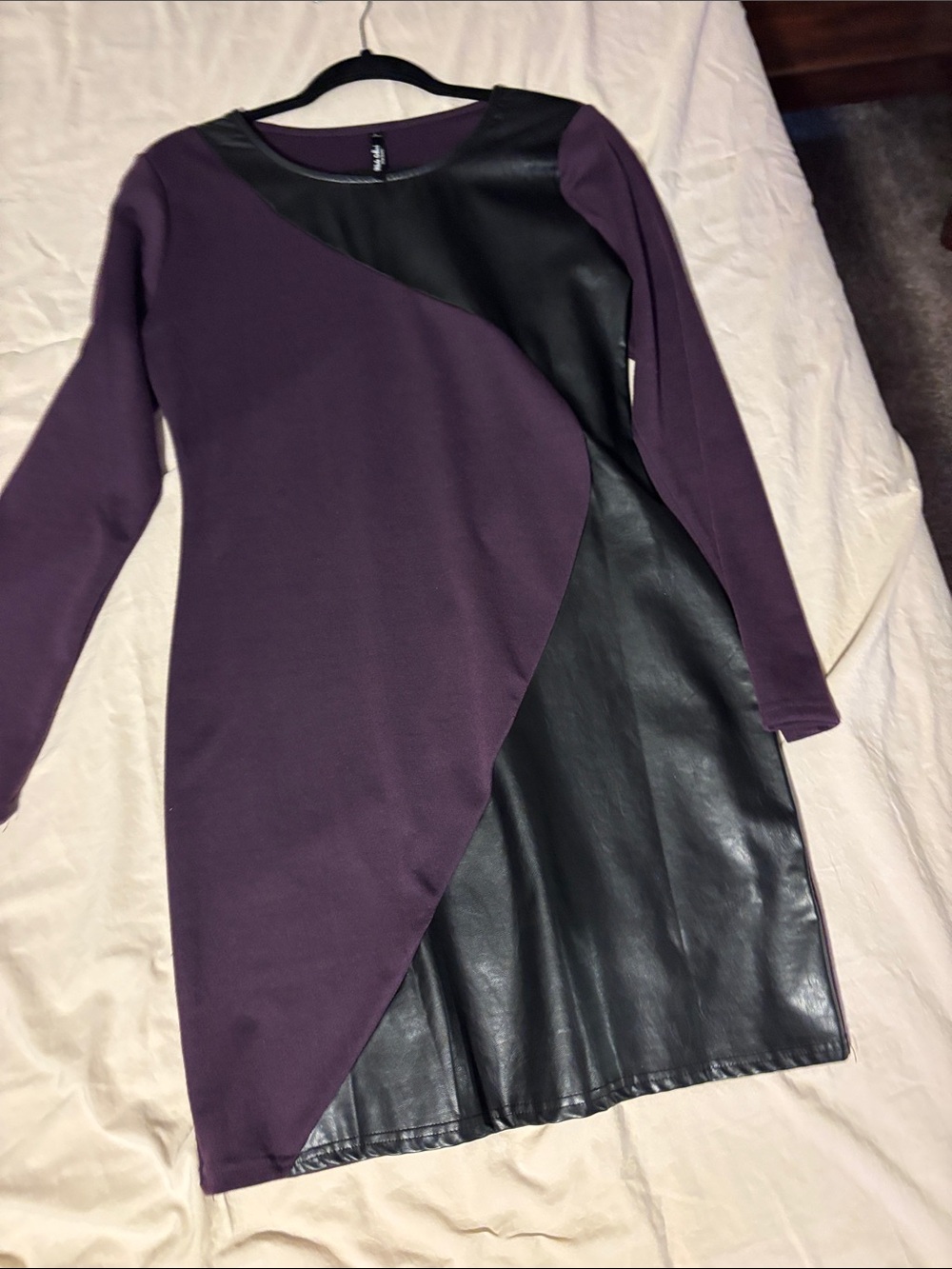 White Mark Purple and Black Faux Leather Paneled Long Sleeve Dress